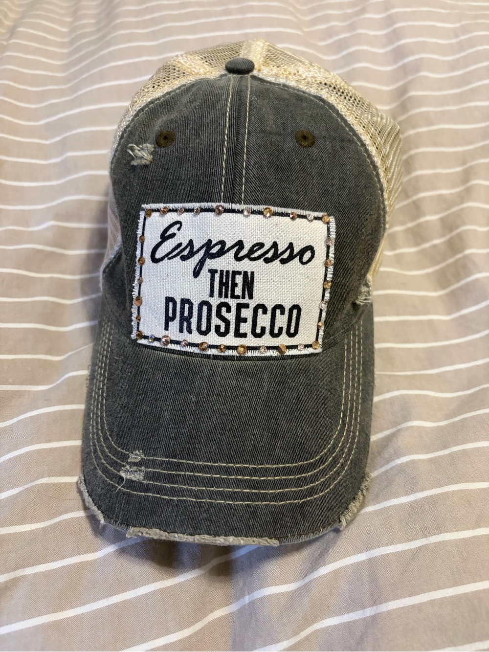 Espresso Then Prosecco Distressed Trucker Hat with rhinestones